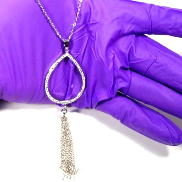 Swarovski Crystal Necklace Sterling Silver Overlay Teardrop Chain Tassel Pendant - Picture 4 of 11